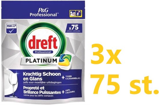 Dreft Platinum Lemon All in 1 Vaatwastabletten - 75 tabs - Voordeelverpakking 3 stuks