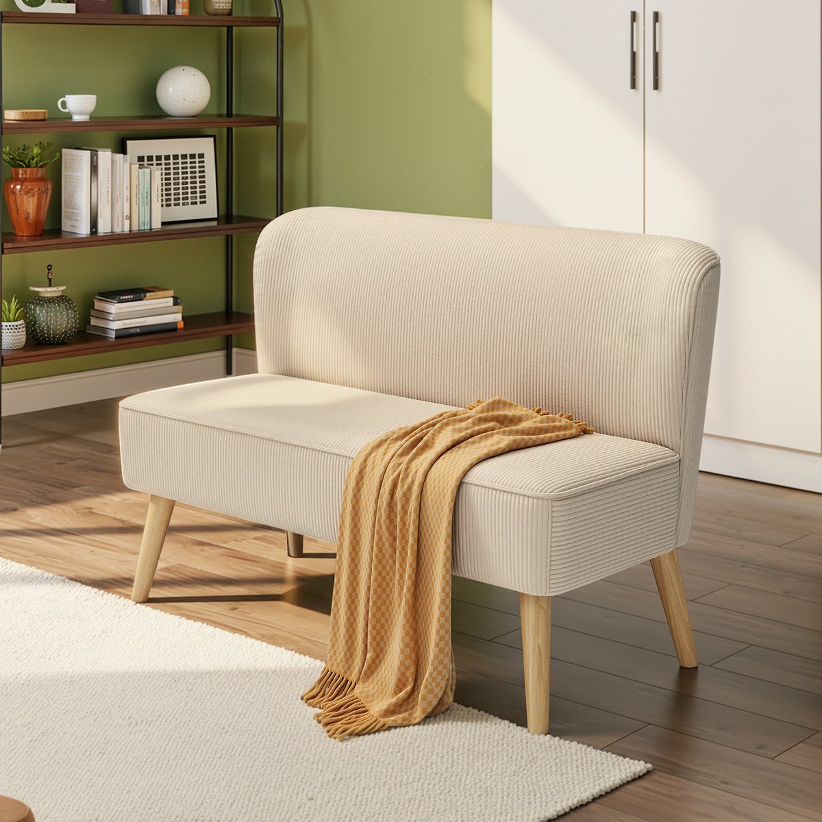 Xbro Zitbank 2 zits, Kleine Sofa met zachte corduroy zitkussens, Zitbank voor appartement en woonkamer,Beige