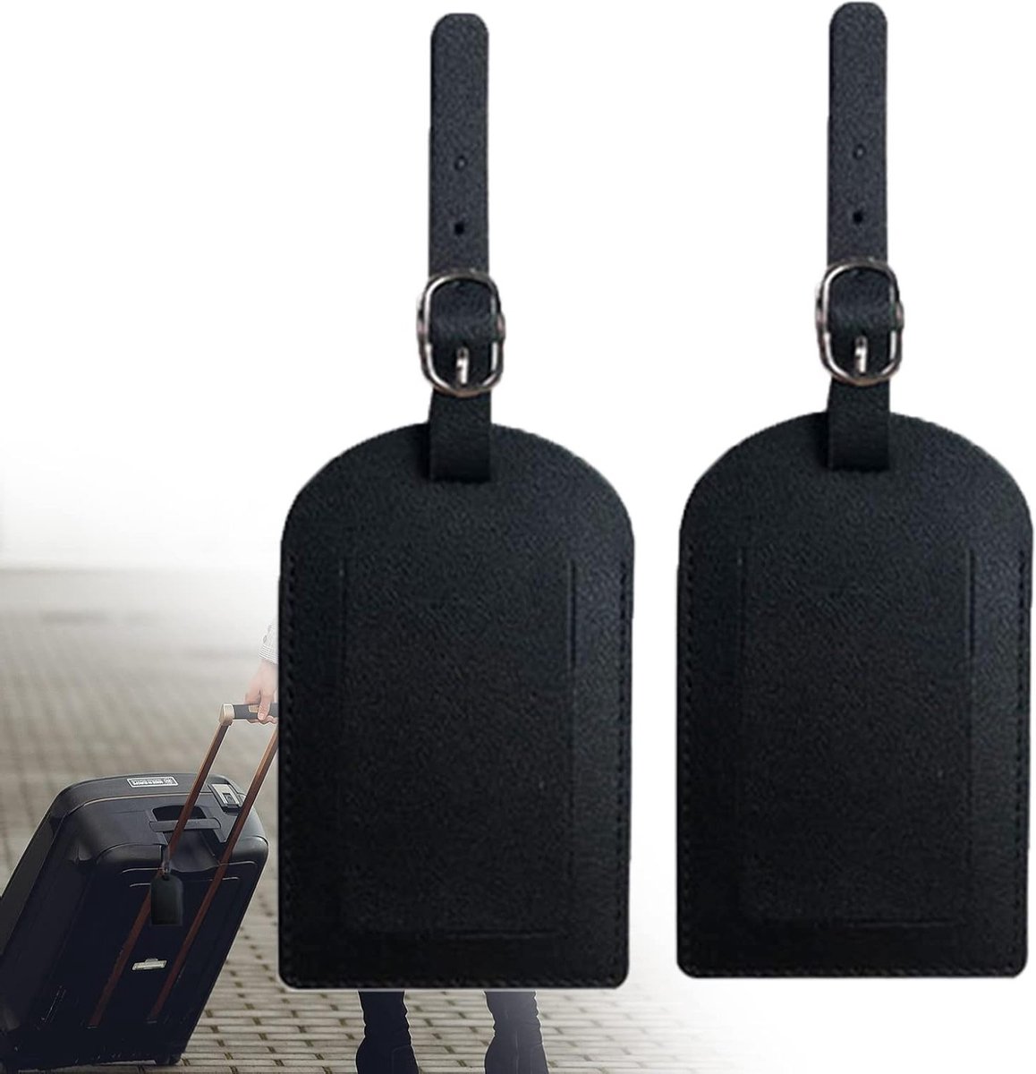 Set van 2 Faux Leather Bagagelabels met Naam- en Adreslabels voor Reizen en Zakelijk Gebruik (Zwart)