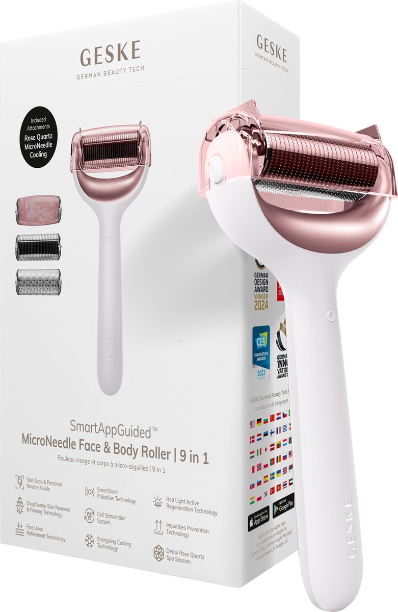 GESKE | SmartAppGuided™ MicroNeedle Face & Body Roller | 9 in 1 | rozenkwarts | Elektrische dermaroller | Microneedling | Microneedling-apparaat | Roller | Schoonheidsroller voor gezicht en lichaam
