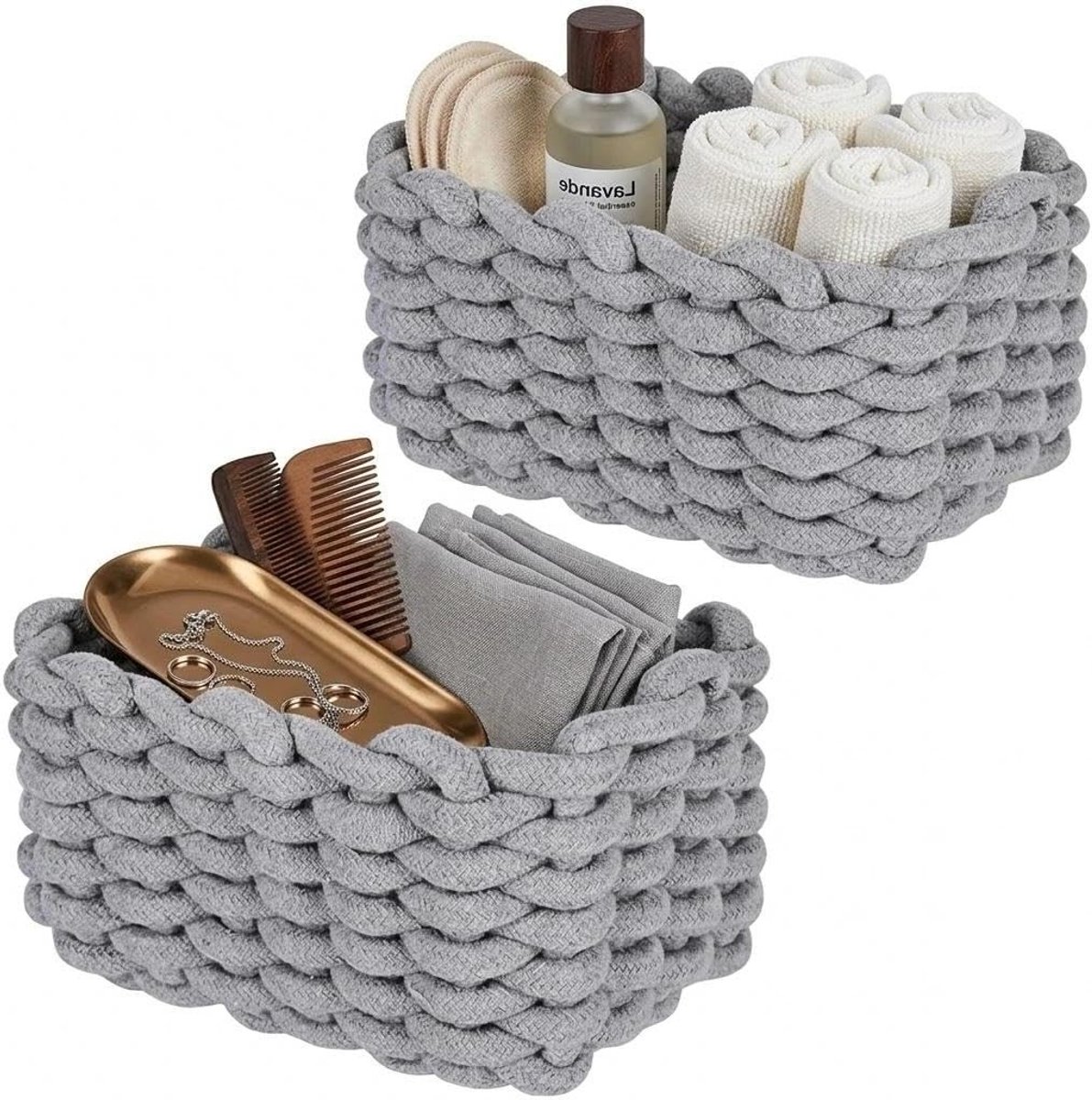 Gevlochten opbergmand van katoen voor toiletpapier, cosmetica en speelgoed - 19 x 15 x 12 cm, grijs, set van 2 stuks voor stijlvolle woonaccessoires