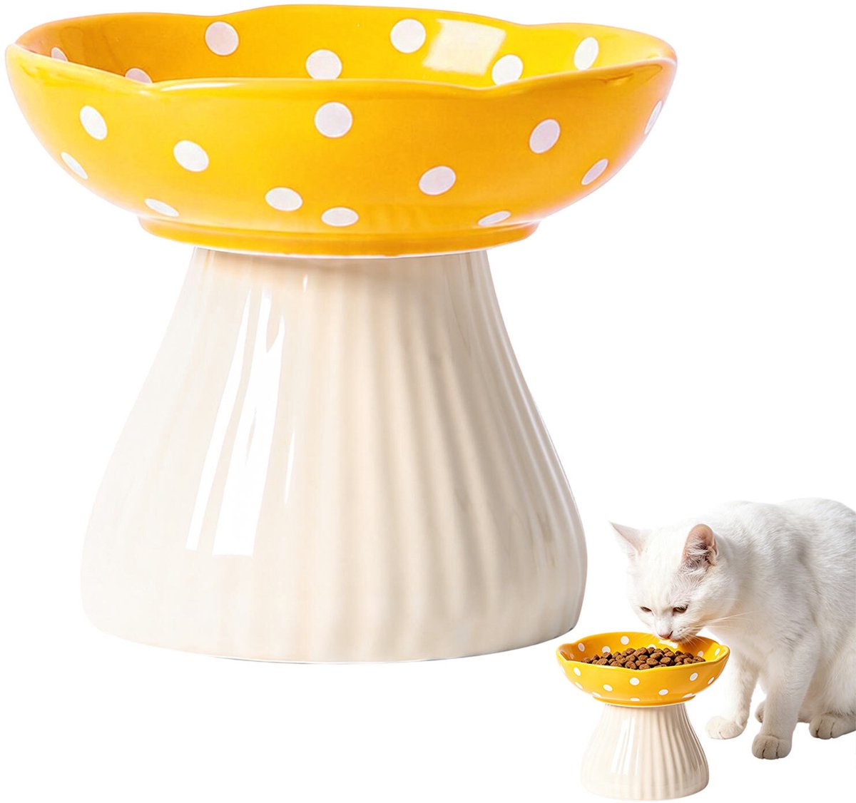 MAGICSHE Voerbak Kat Verhoogd Keramiek - Schattige Paddenstoel - Katten Eetbak Op Standaard - Voerbak Voor Kat En Kleine Hond Geel