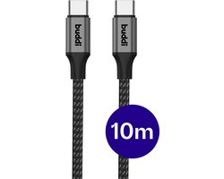 Buddi Flex - Câble USB-C vers USB-C 60W Charge Rapide 20V/3A - Power Delivery - Transfert de Données 480Mbps - Nylon Tressé - 10M - 10 Mètres - Noir