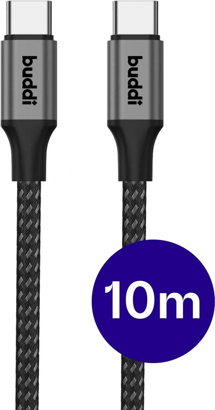 Twee zwarte gevlochten Buddi kabels, 10 meter lang.