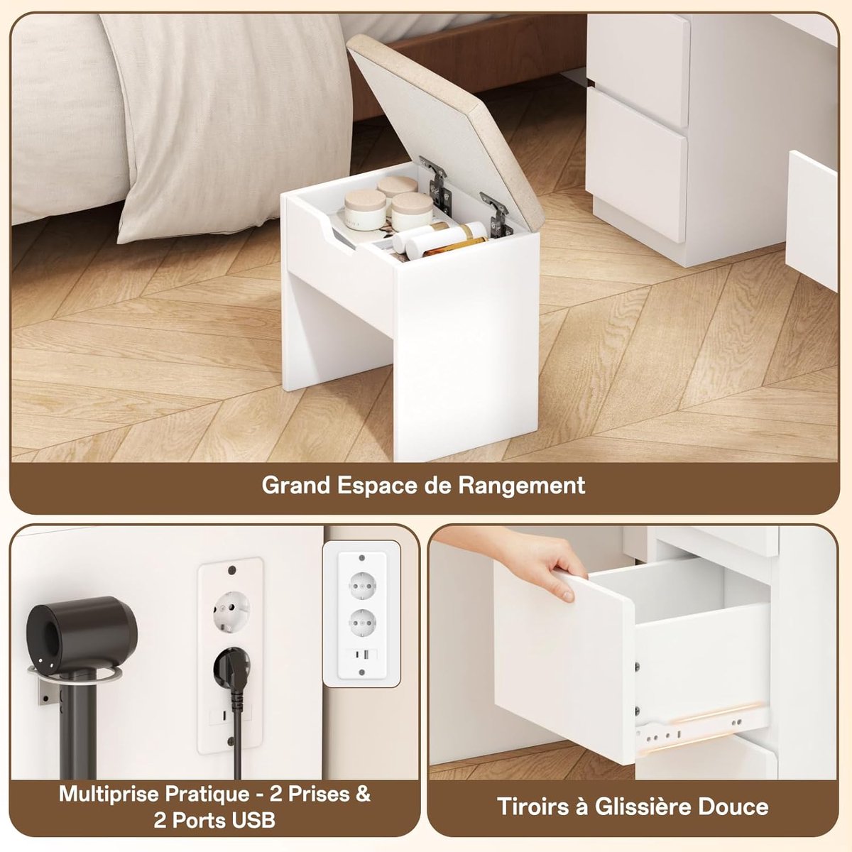 Make-uptafel met LED Spiegel en Stopcontact – ABTkantoor Luxe Vanity Tafel 115x40x139 cm – 7 Laden, Kruk, USB & USB-C Laadstation, Dimbare Verlichting, Wit