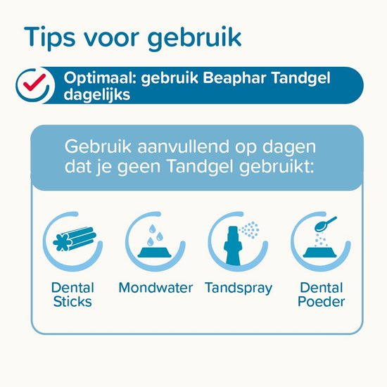 Tips voor gebruik Beaphar Tandgel: dagelijks, Dental Sticks, Mondwater, Tandspray, Dental Poeder.