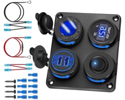 4-in-1 USB Laadstation - Autostekker met Voltmeter - Auto Opladen - Dubbele QC 3.0 Poorten - 12 V - Zwart