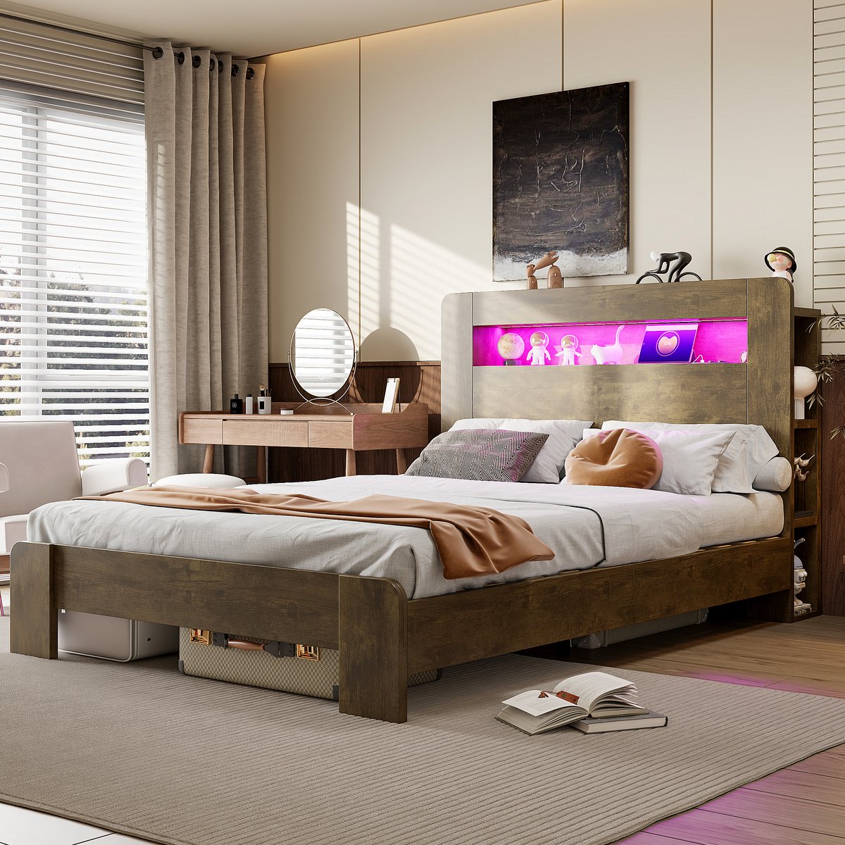 HAUSS SPOLE Houten Bed 140x200 cm - Zonder Matras Met Opberghoofdbord en Ledverlichting - Met Stopcontacten - Slaapkamer - Houtkleur Naturel