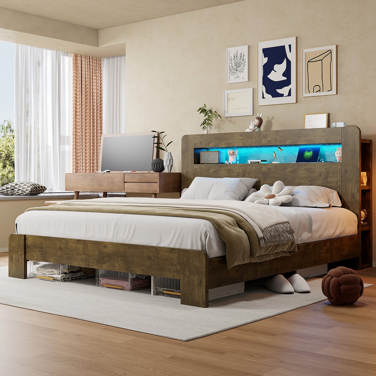 HAUSS SPOLE Houten Bed 180x200 cm - Zonder Matras Met Opberghoofdbord En Ledverlichting - Met Stopcontacten - Slaapkamer - Houtkleur Naturel