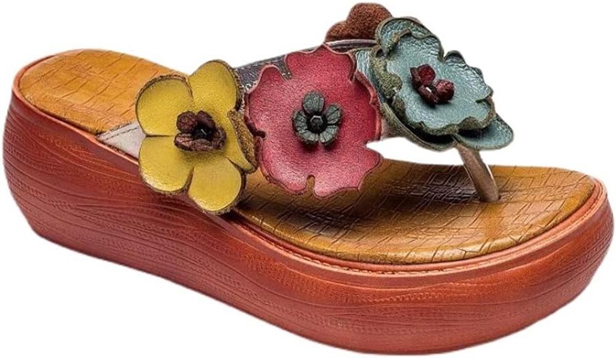 Slippers Dames - Platform Sandalen - Zomerse Wandelingen - Bloemenprint Hak - 2.4 Inch Hak - Oranje