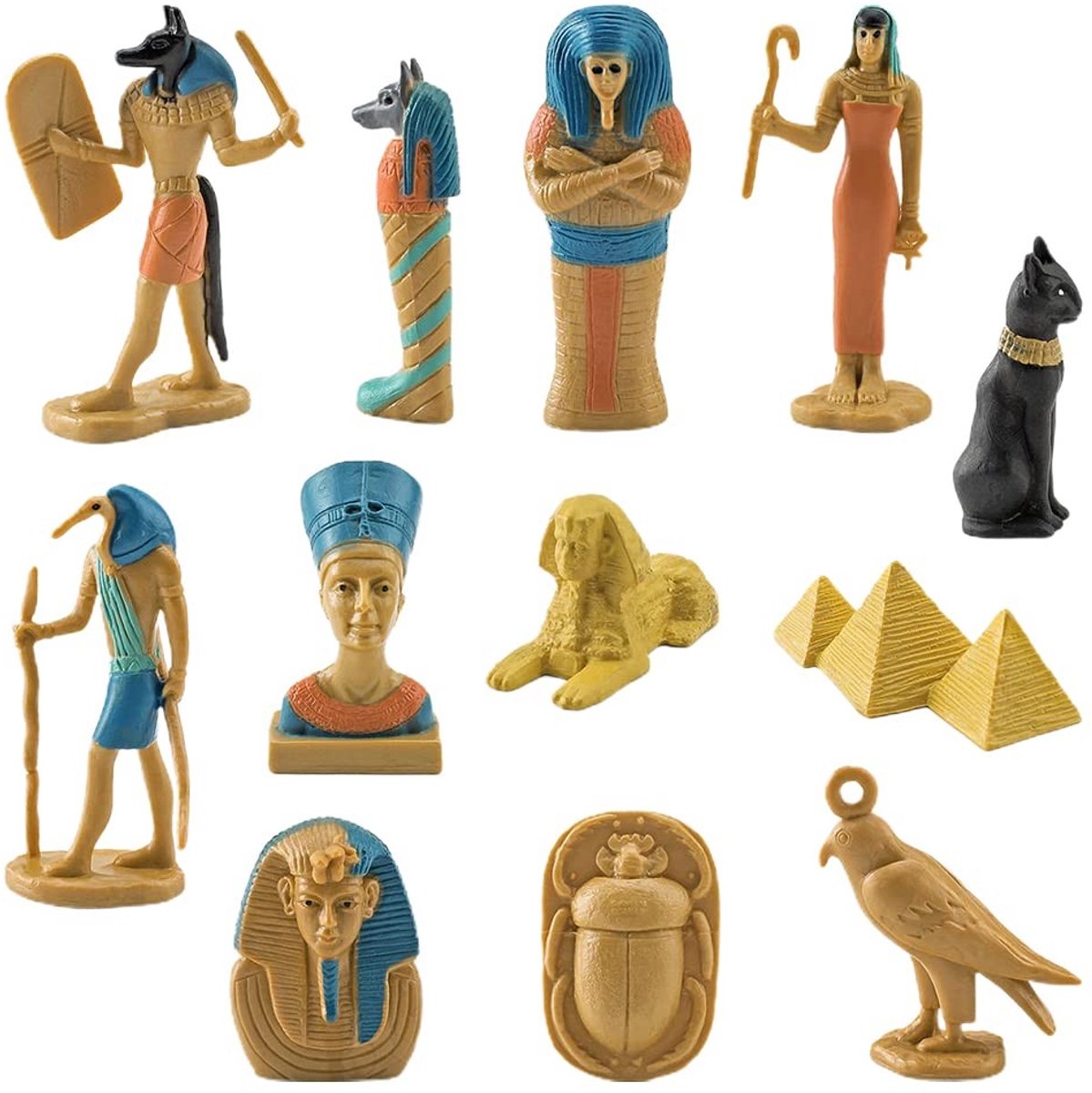 Dailygoods- Beeldjes Set van 12 - Oude Egyptische Goden - PVC Miniatuur Standbeelden - Huisdecoratie - Perfect Cadeau - Hoogwaardige Materialen - Decoratie