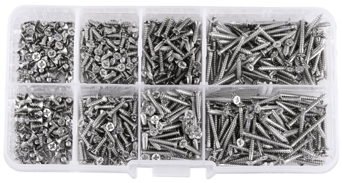 Dailygoods- Zelftappende Schroeven 800 Stuks - Platte Kopschroeven - Kruiskop - Voor Hout - Diverse Maten M2 × 4-20 mm - Ideaal voor Kleine Ruimtes