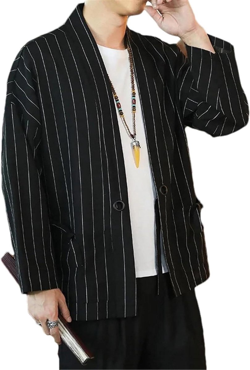 Herencardigan Kimono - Linnen Jas - Casual Vrije Tijd - Open Voorkant - Volle Mouw - Eff enkleur