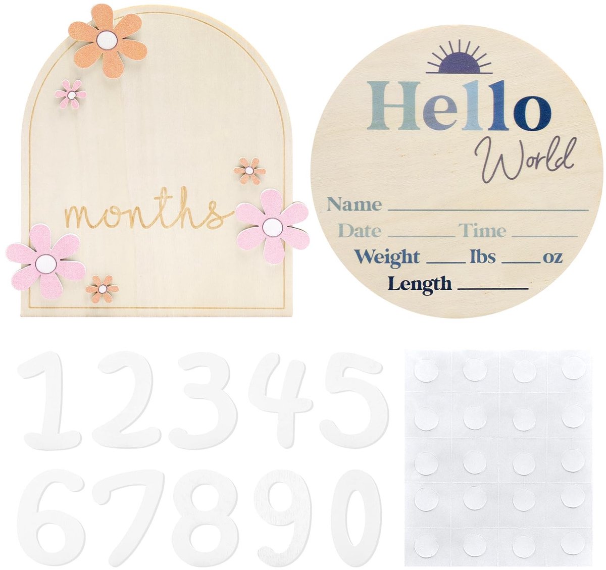 Dailygoods- Mijlpaalkaarten 2 stuks - Houten Mijlpaalkaarten - Babybloemen - Cijferplaatjes 0-9 - Babymaandkaarten 1-12 maanden - Veelkleurig 16x14 cm - Groei Kaarten