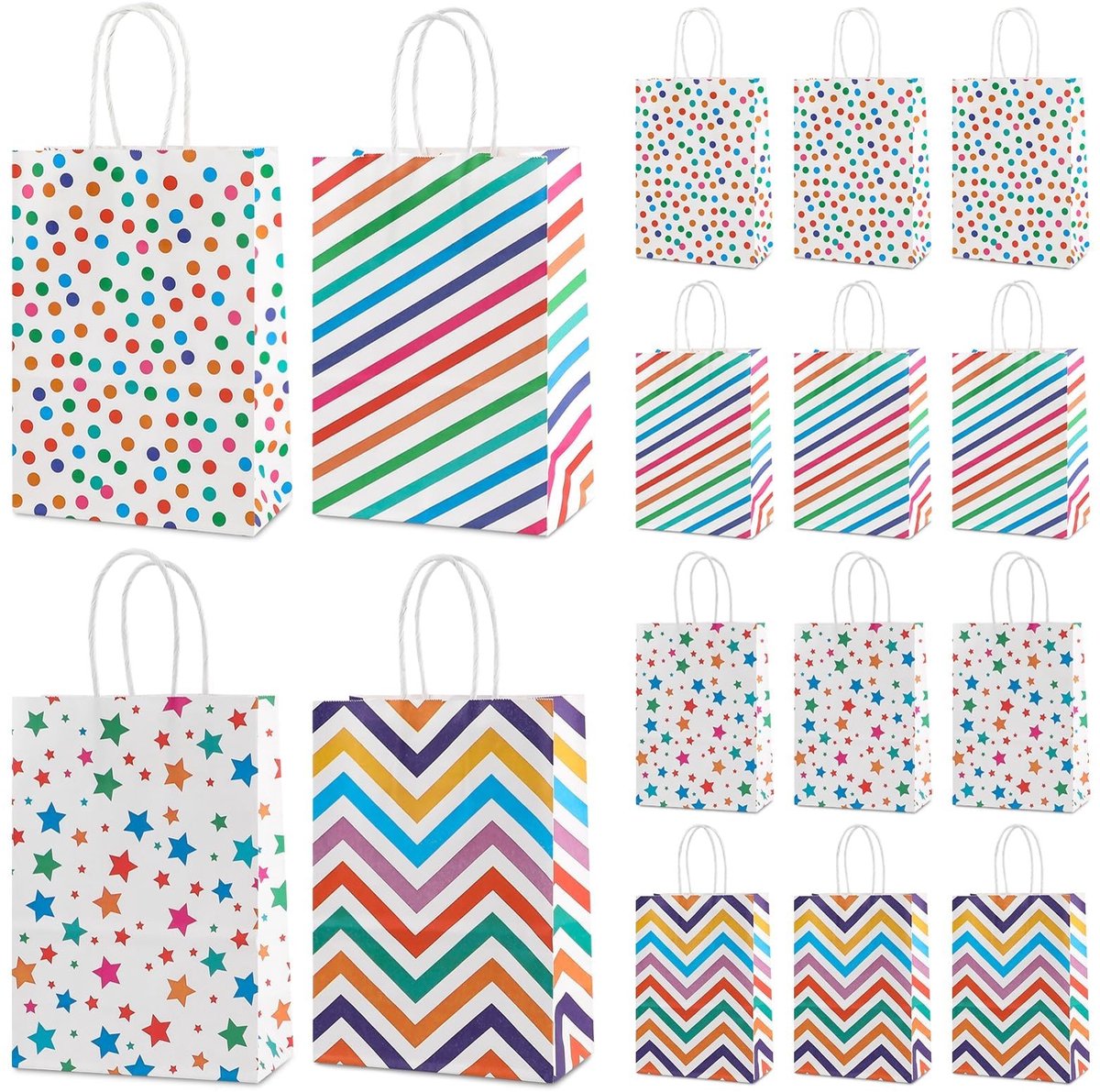 Dailygoods- Geschenkzakjes 16 stuks - Papieren Zakjes met Handvatten - Milieuvriendelijk - Verjaardagsfeestartikelen - Opvouwbaar - 21 x 15 x 8 cm - Cadeauzakjes