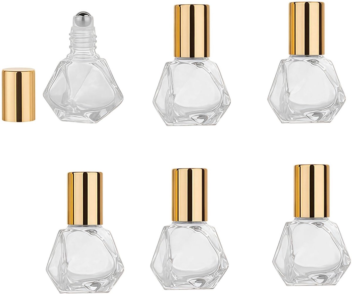 Dailygoods- Rollerfles 10ml - 6 Stuks - Glazen Fles - Roestvrij Stalen Rollerbal - Polygonale Fles - Perfect voor Essentiële Olie - Rollerbottle