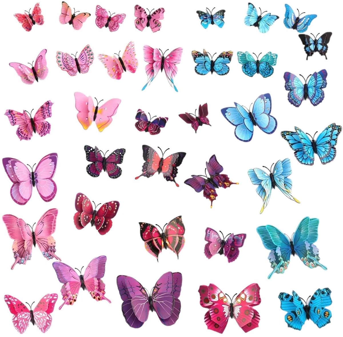 Dailygoods- Muursticker Driedimensionaal 3D-effect - Vlinderstickers - Herbruikbaar - Magnetische Wanddecoratie - 36 Stuks - PVC Kunststof