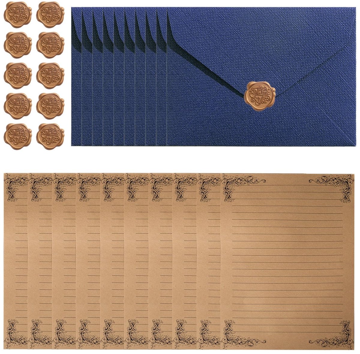 Dailygoods- Briefpapier Set - 10 Vel Briefpapier - 10 Enveloppen - 10 Waszegelstickers - Vintage - Papier - Afmetingen Zie Afbeelding - Schrijfwaren
