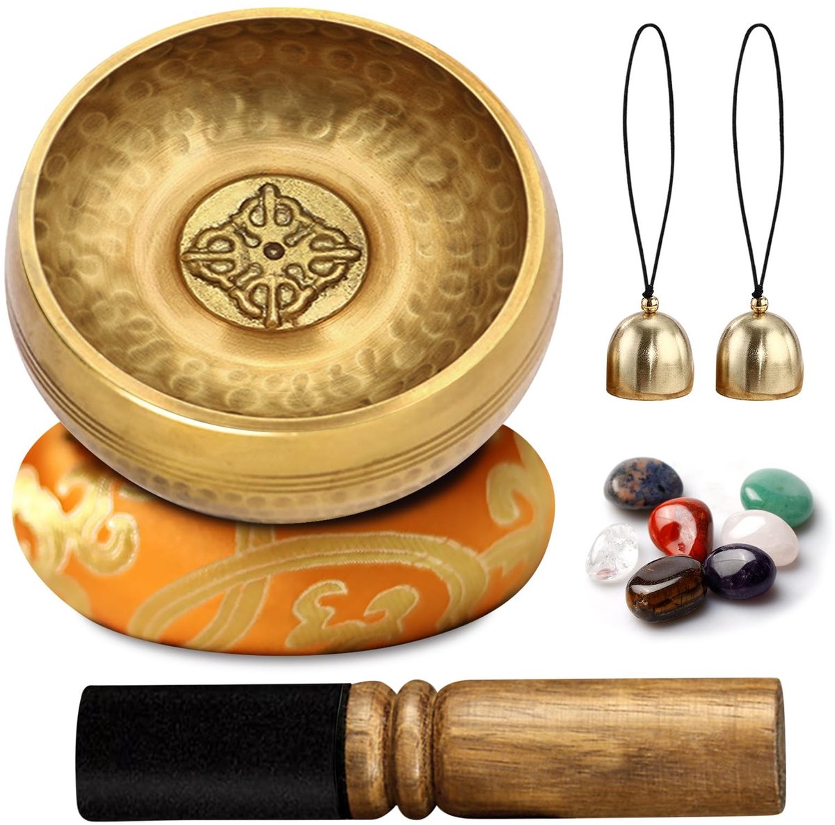 Dailygoods- Klankschaal Tibet - Meditatieklankschaal - Klankschaalset met 7-kleurige yogasten - 2 Klokken - Hoogwaardig messing - Rustgevende muziek - Singing Bowl