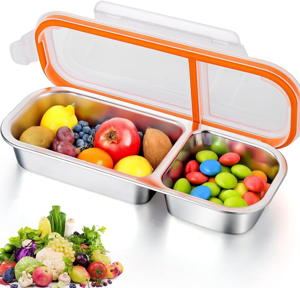 Dailygoods- Snackbox met 2 Compartimenten - Roestvrij Stalen Snackplaat - Bento Box - Snackdoosjes - Snackdoos met Deksel - Ideaal voor Snoep en Noten