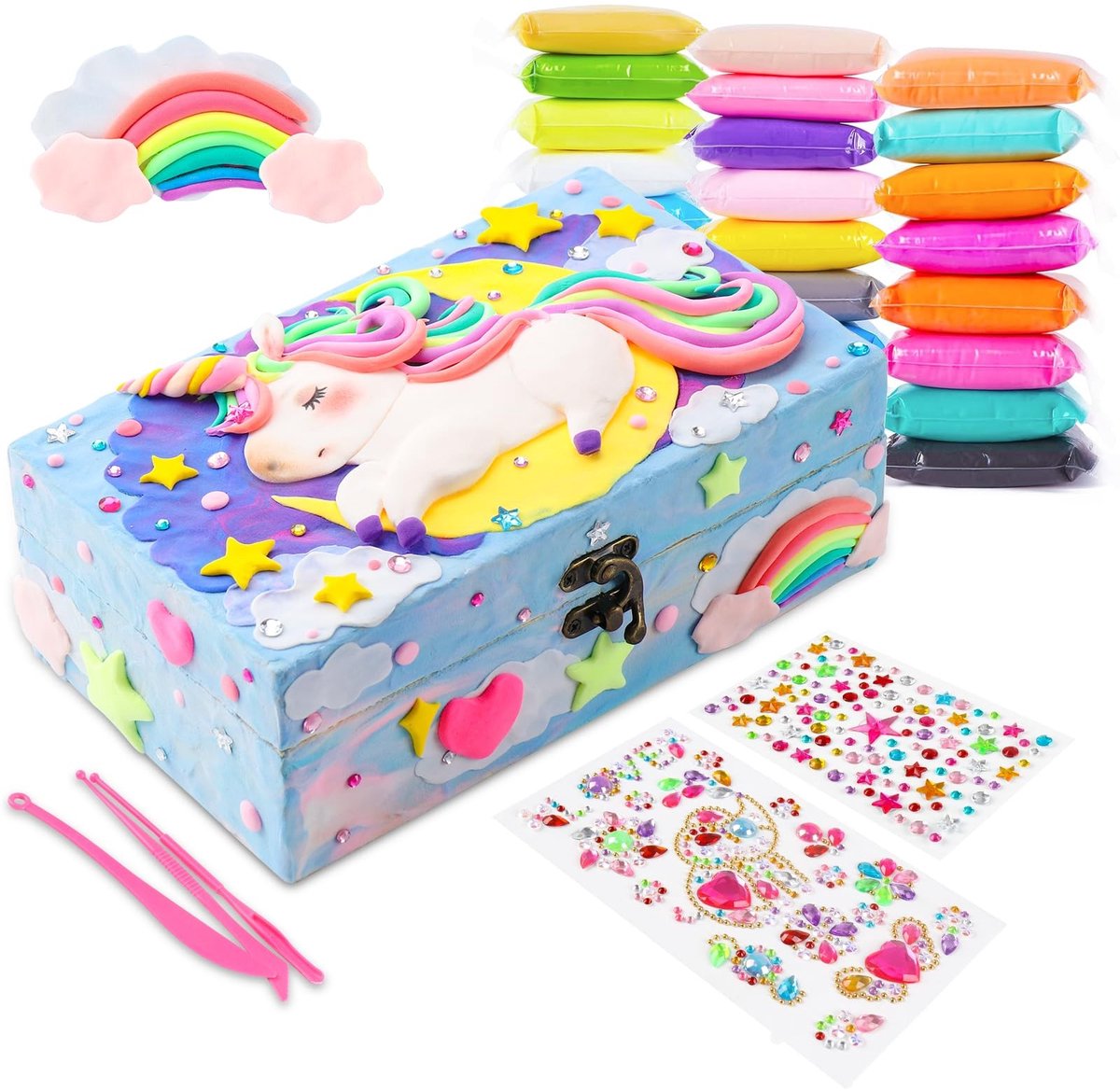 Dailygoods- Sieradendoos knutselset - Houten Sieradendoosje - Opbergbox voor kinderen - Creatief schatkistje - 24 kleuren luchtdroge verf - Inclusief glinsterende edelsteenstickers - Knutseldoos
