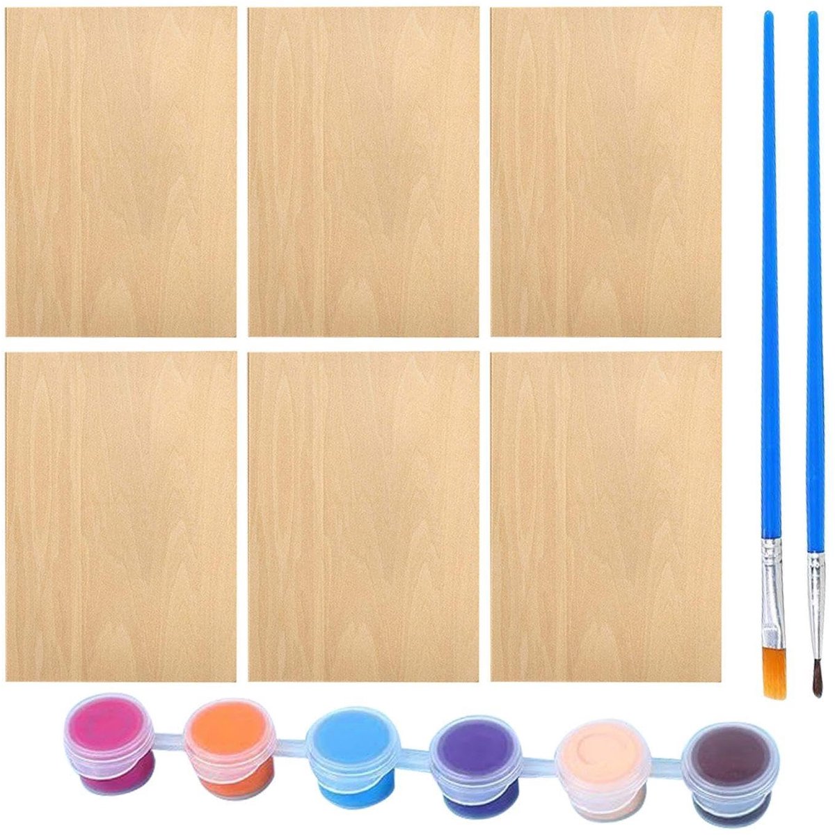 Dailygoods- Houtspaanders Handbeschilderd - 6 Stuks - Penselen - Lakkleuren - Creatief Materiaal - Hoogwaardig Multiplex - Schildermateriaal