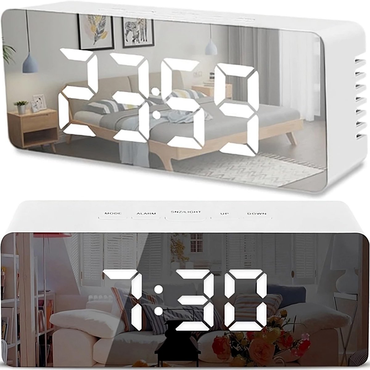 Dailygoods- Digitale Wekker met Spiegel - Instelbare Helderheid - Dual Alarm - Temperatuurweergave - USB-oplaadbaar - LCD-display met Grote Cijfers