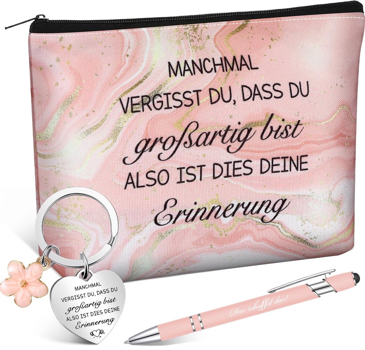 Dailygoods- Bedankcadeaus Inspirerend - Cadeauset Vrouwen - Sleutelhanger 3x3 cm - Make-uptas 23x15x5 cm - Elegante Pen - Ideaal Geschenk