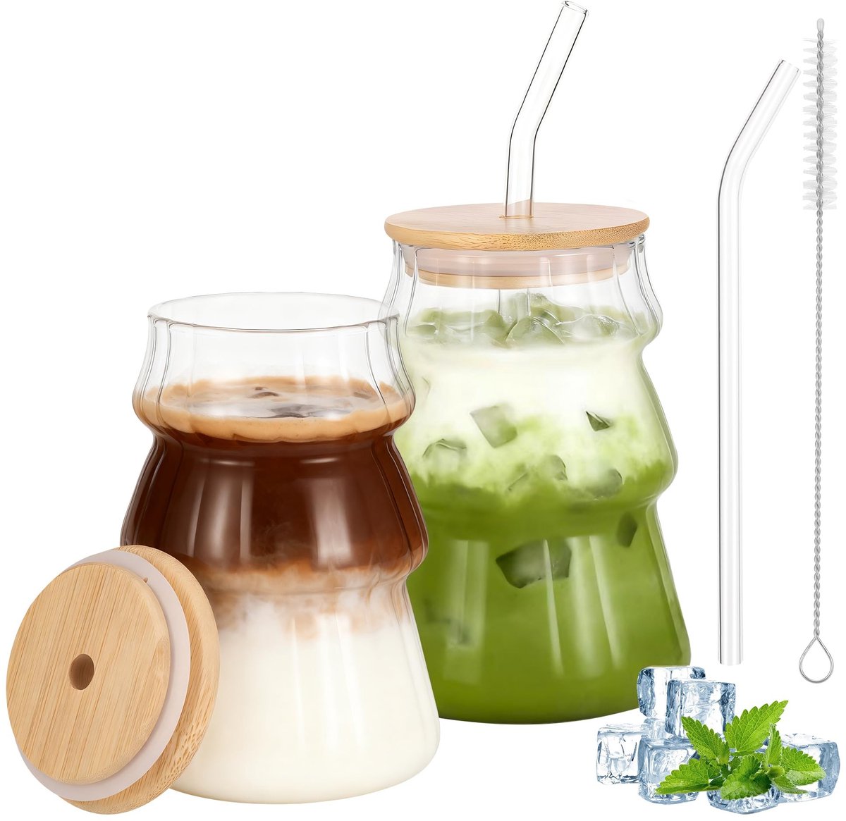 Dailygoods- Koffiekopjes 500 ml - Glazen Bekers met Deksel - Herbruikbaar Rietje - Geribbelde Design - 2 Stuks - Transparant Glas - Drinkglazen