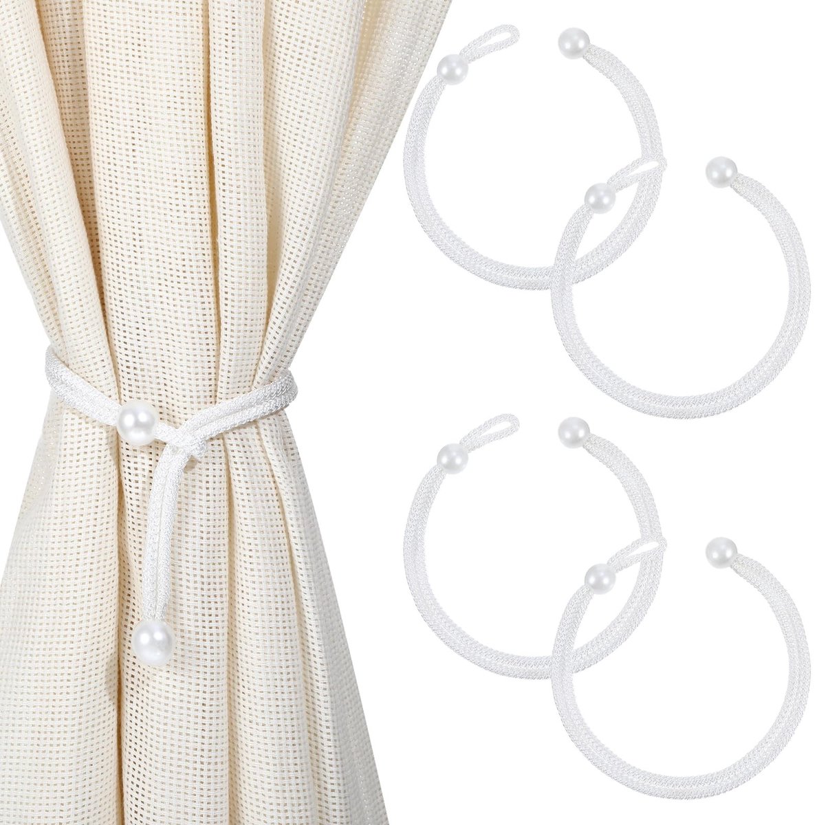 Dailygoods- Parelgordijnen 4 Stuks - Verstelbare Gordijnhouders - Wit - Hoogwaardig Polyester - Eenvoudige Bevestiging - Elegante Touch - Gordijnclip