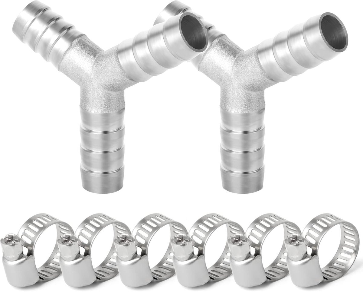 Dailygoods- Slangfitting 10mm - 3-weg Y-vormig - Roestvrij Staal - Inclusief 6 Klemmen - Weerstand tegen Lage Temperatuur - Gladde Draden - Slangconnector