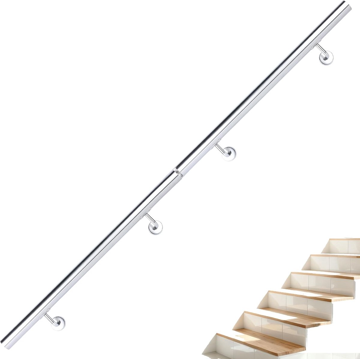 Stainless steel stair handrail handle 300 cm Ø 42 mm, stainless & weatherproof | Includes V2A wall bracket & mounting kit | Length of choice 50–400 cm for indoor & outdoor stairs | Safety