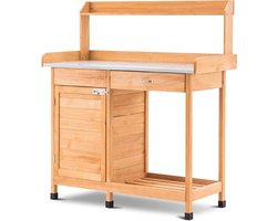M MCombo Planttafel met La, Legplank, Gegalvaniseerd Werkblad & Kast, Tuinmanstafel Waterdicht met 3 Haken, Bloementafel in Massief Hout voor Tuin, Balkon & Terras, 48x112x126 cm, 0440 (Natuurlijk)