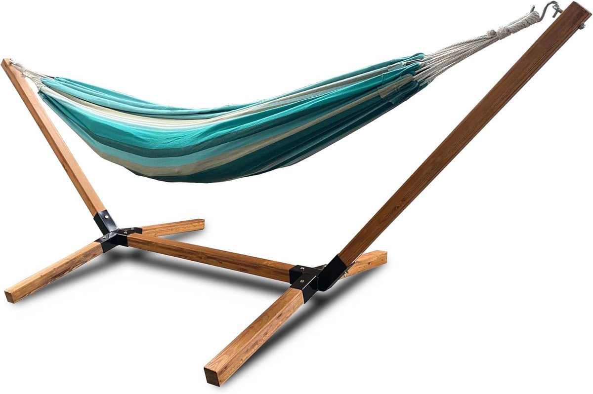 Hangmat met standaard - Lounger houten frame - Ontspannen in tuin - Inclusief houten frame - 150 kg draaglast - Groen