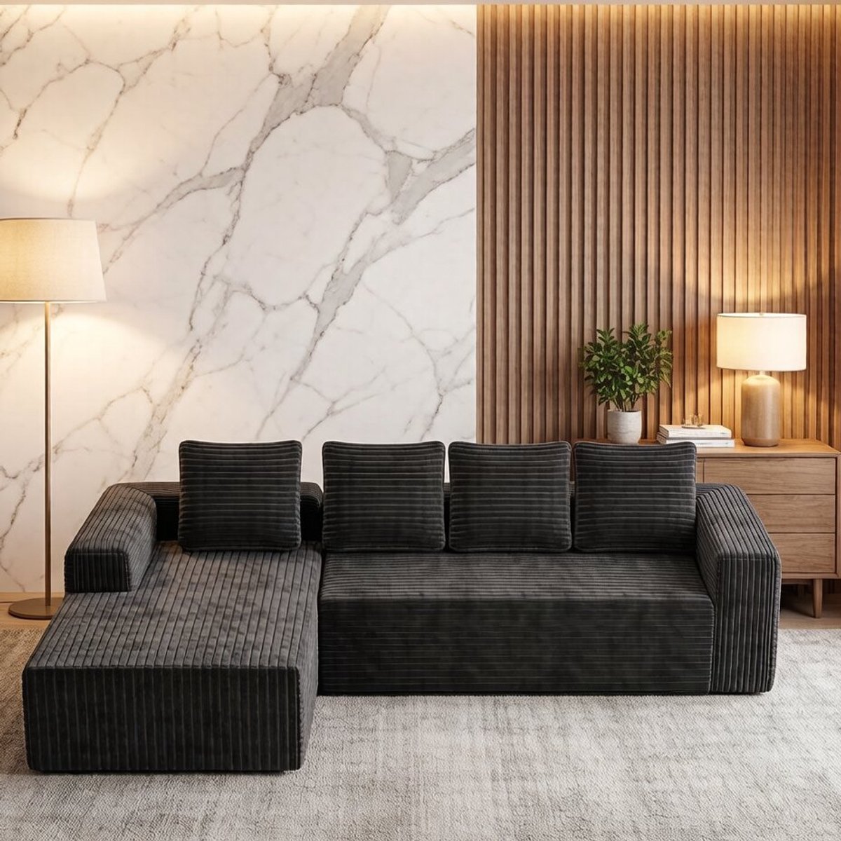 Hoekbank modulair met chaise longue - L-vorm, diep zitvlak - Grijs corduroy - Pocketvering en traagschuim - Geen montage nodig, 72 uur uitzetten - Geschikt voor woonkamer en appartement