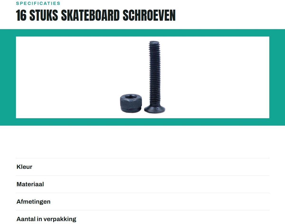 Dailygoods- Skateboard Schroeven 16 Stuks - Vervangingsset - Longboard Hardware Set - Koolstofstaal - Truck Schroeven - Duurzaam Ontwerp