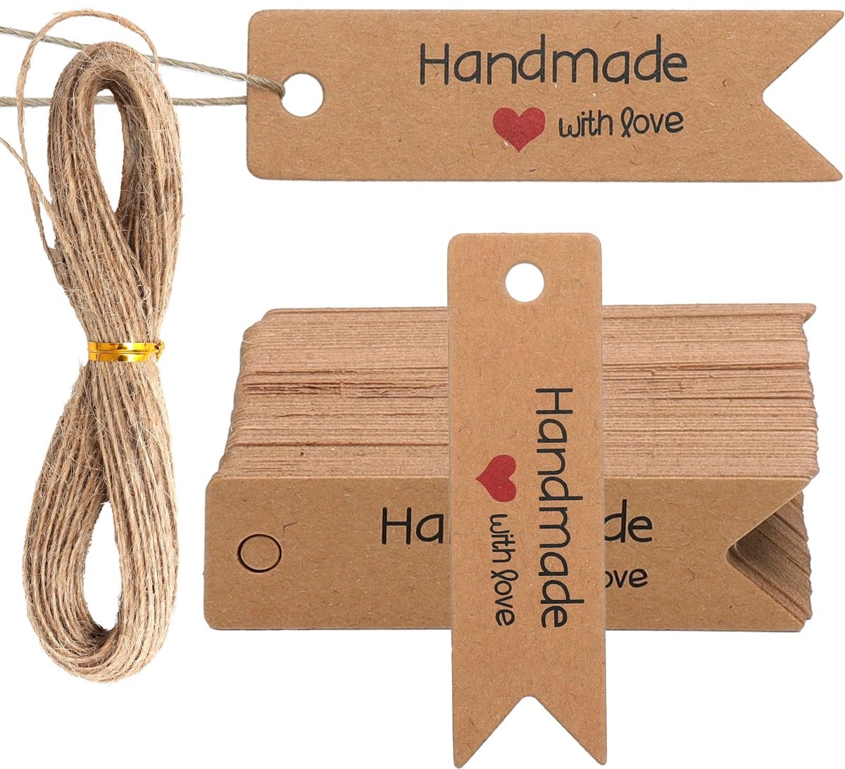 Dailygoods- Cadeaulabels 100 stuks - Handgemaakt Kraftpapier - Jute Koord 20 meter - Bruin - Etiketten voor Verjaardag/Kerstmis/Pasen/Valentijnsdag