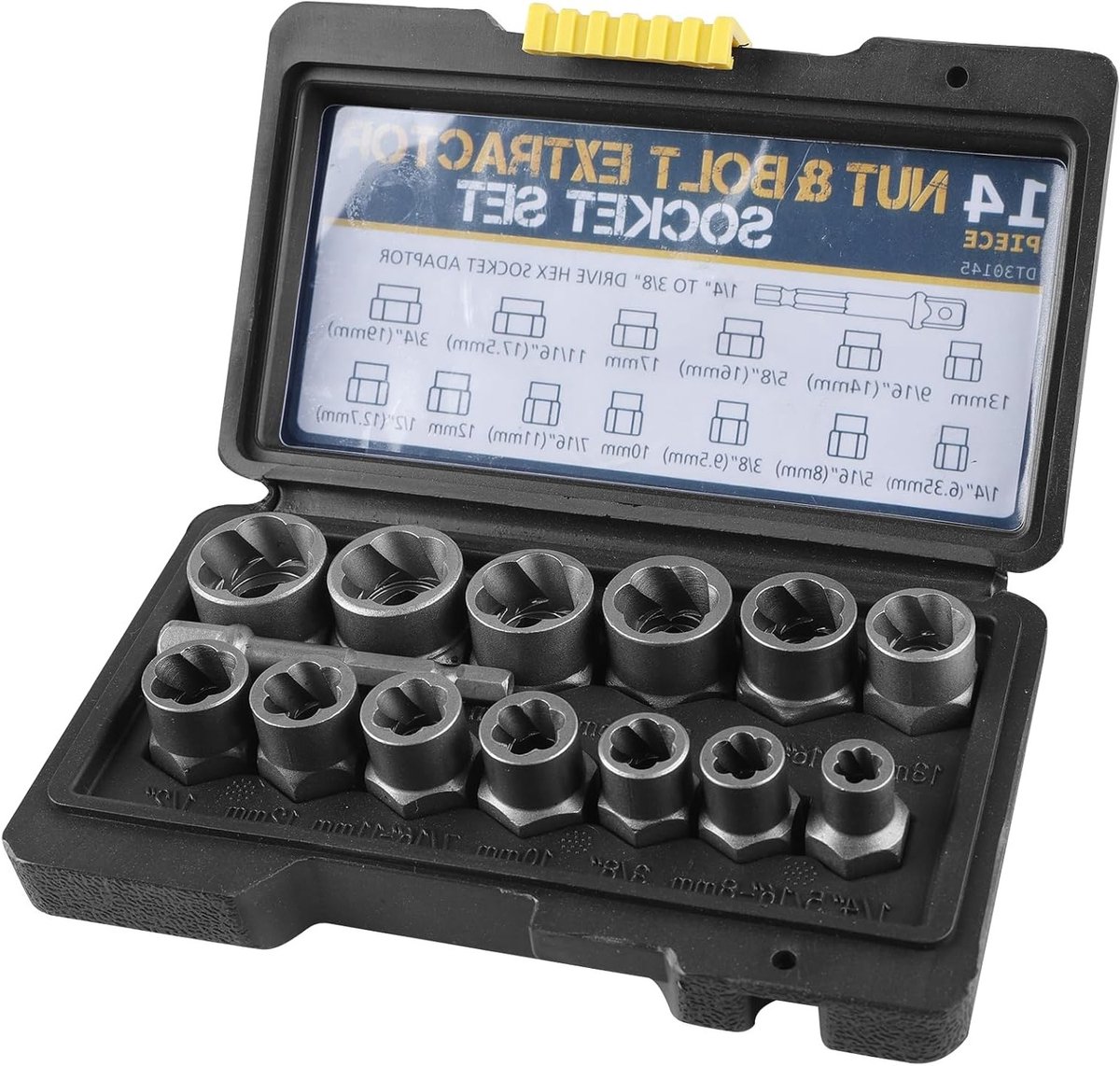 14-delige Set voor het Verwijderen van Beschadigde Moeren en Schroeven, Spiral Profile, Socket Set, Extractor voor Roestige Bevestigingen (6.35-19 mm)