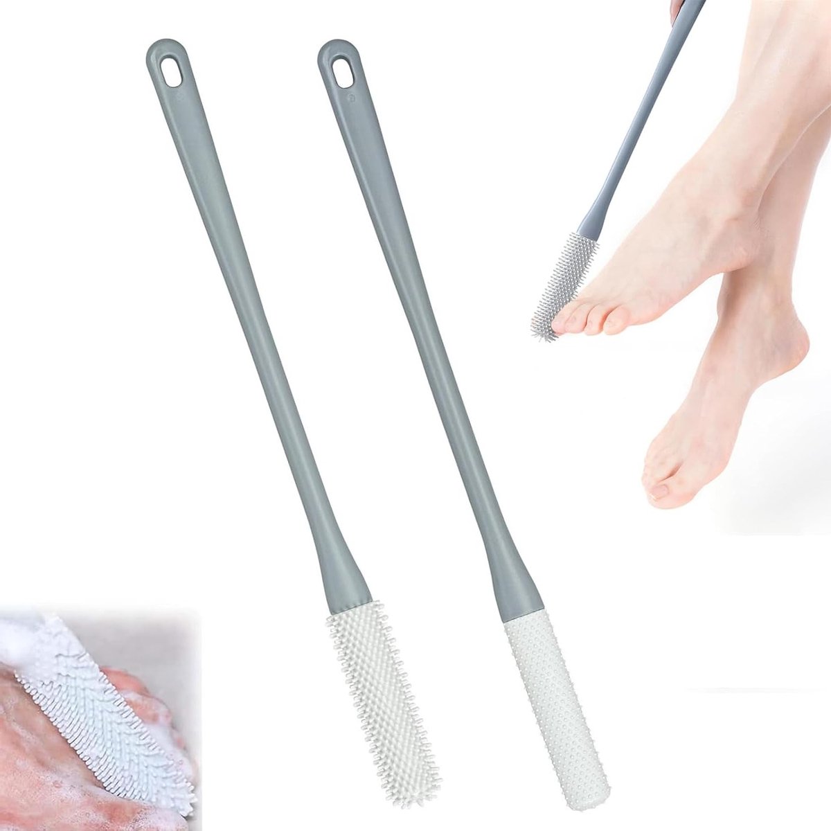 Siliconen Voetwasborstel Set voor Douche, Lange Handgreep en Toe Ring, Ideaal voor Voetverzorging en Tussenruimtes Schoonmaken
