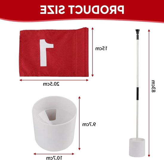 4-delige Golf Putting Green Vlaggen Set met Dubbelzijdige Genummerde Vlaggen, Afneembare Vlaggenmast, Ideaal voor Golftraining en Oefeningen, Hoogte 83 cm, Diameter 10,7 cm, Duurzaam Nylon in Rood — afbeelding 3