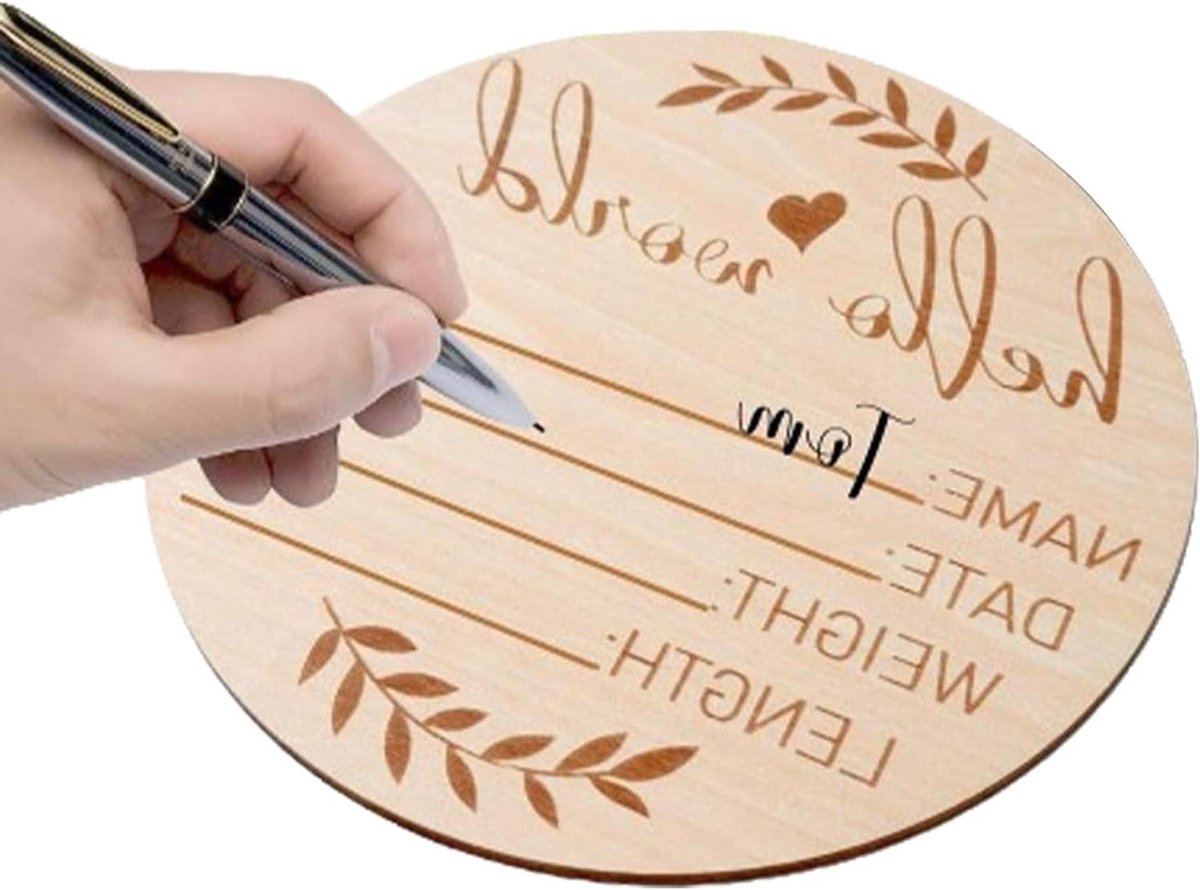 Geboortebord Hout - Aankondigingsbord Baby - Herinneringen Vastleggen - Gepersonaliseerd Ontwerp - 15 cm Diameter - Houtkleur