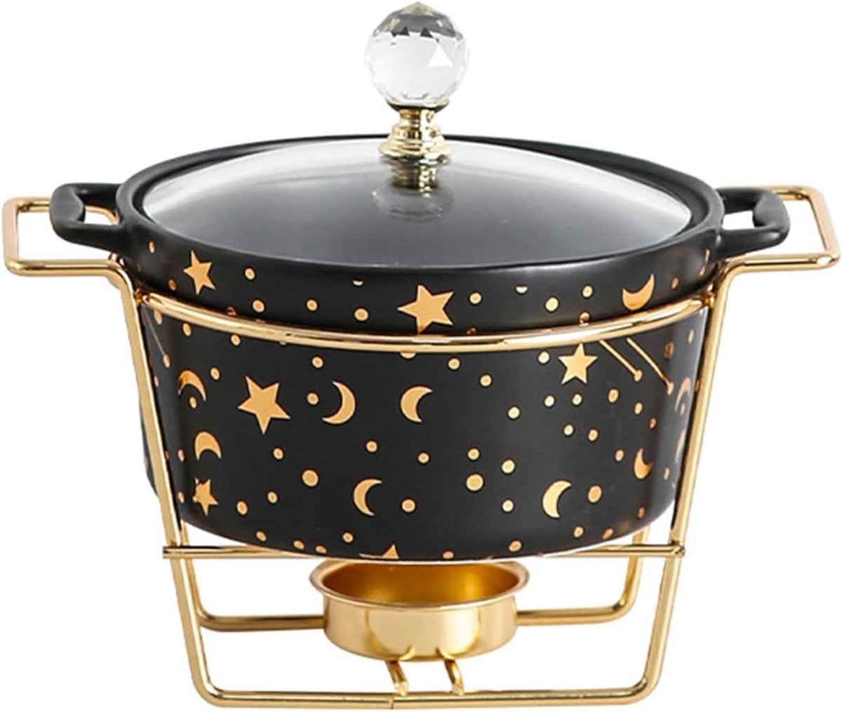 buffetvoedselverwarmer, Ronde Chafing Dish Buffetset, Keramiek Onderglazuur Buffet Chafer met Glazen Deksel en Brandstofhouder, Voedselwarmhoudplaat for Bruiloften, Banketten(Black)