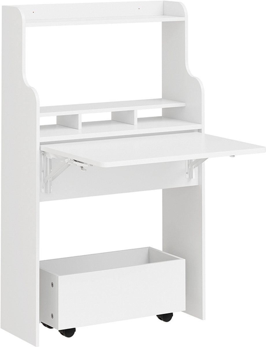 SoBuy Klaptafel op wieltjes - Wit MDF bijzettafel met 1 lade en 3 opbergvakken - Mobiele salontafel met klapbaar tafelblad en opbergruimte onder het blad | FWT105-II-W