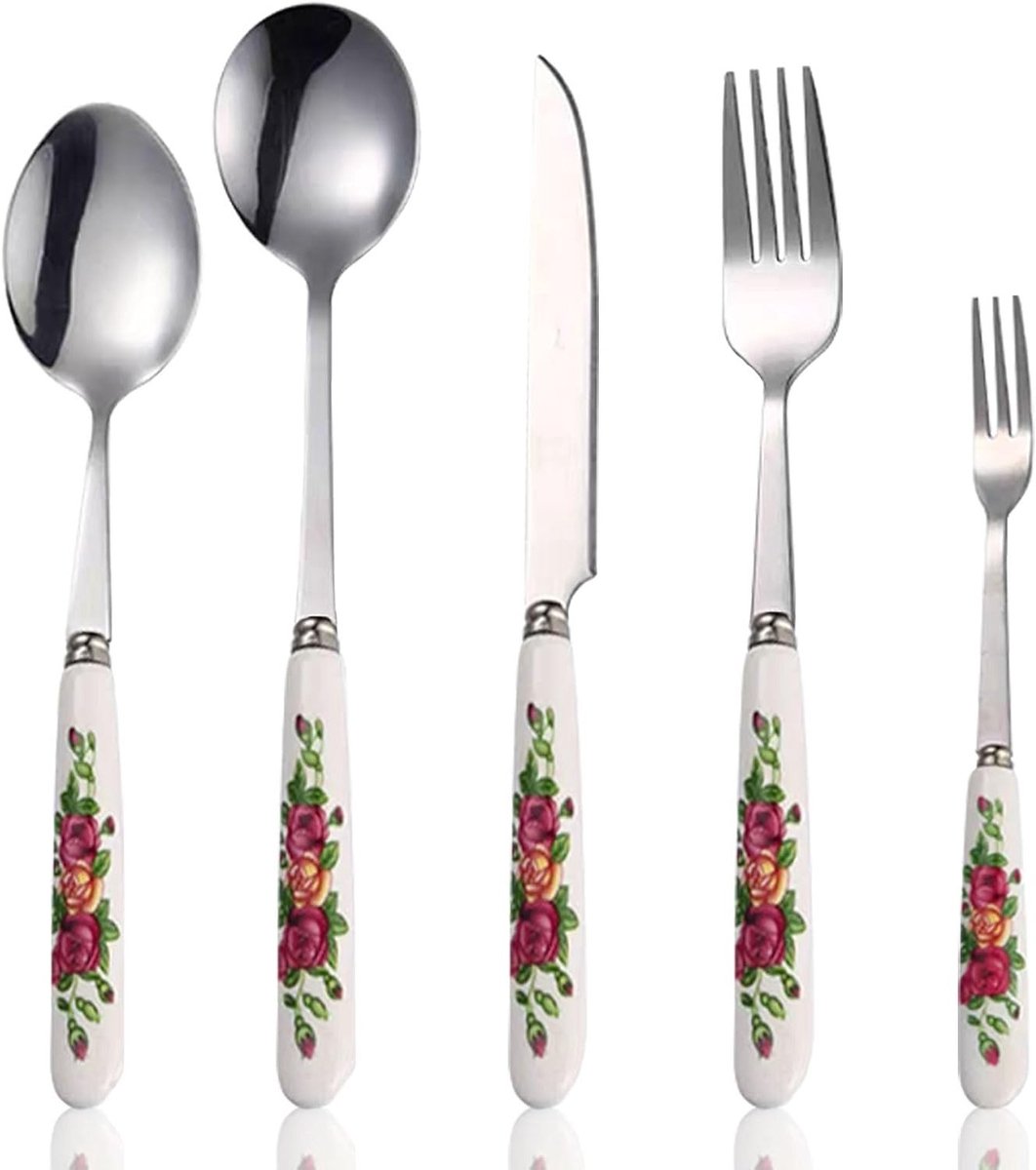 5-delige RVS Bestekset met Spiegelfinish en Elegante Bloemmotieven - Vorken, Lepels en Messen, Vaatwasmachinebestendig, Ideaal voor Feesten en Restaurants
