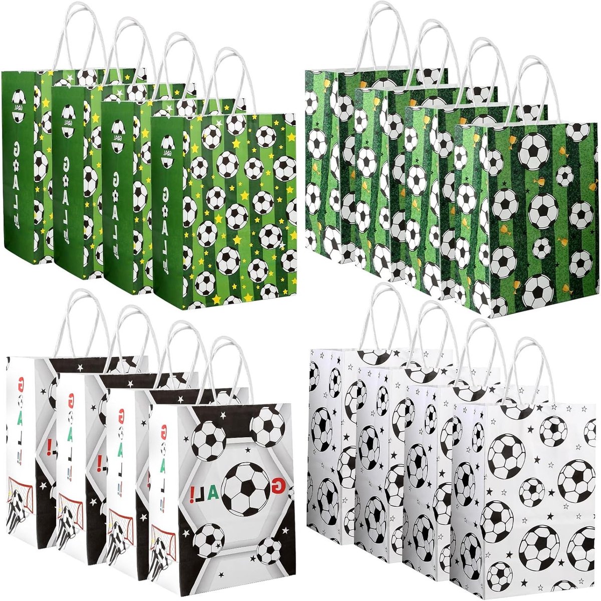 16 Stuks Voetbal Papieren Tassen met Handvat, Ideale Verpakkingen voor Verjaardagsfeestjes en Cadeaus voor Kinderen, Voetbalthema Cadeautassen voor Jongens en Meisjes