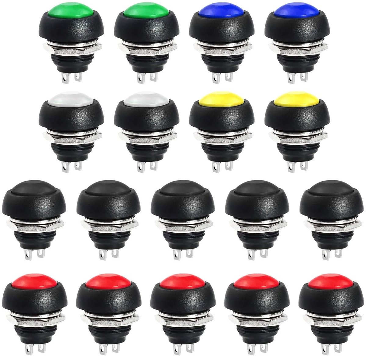 Mini Momentary Push Button Switch 12mm - Waterdichte On-Off Schakelaar voor DIY Projecten - 18 Stuks in 6 Kleuren, 3A 125V
