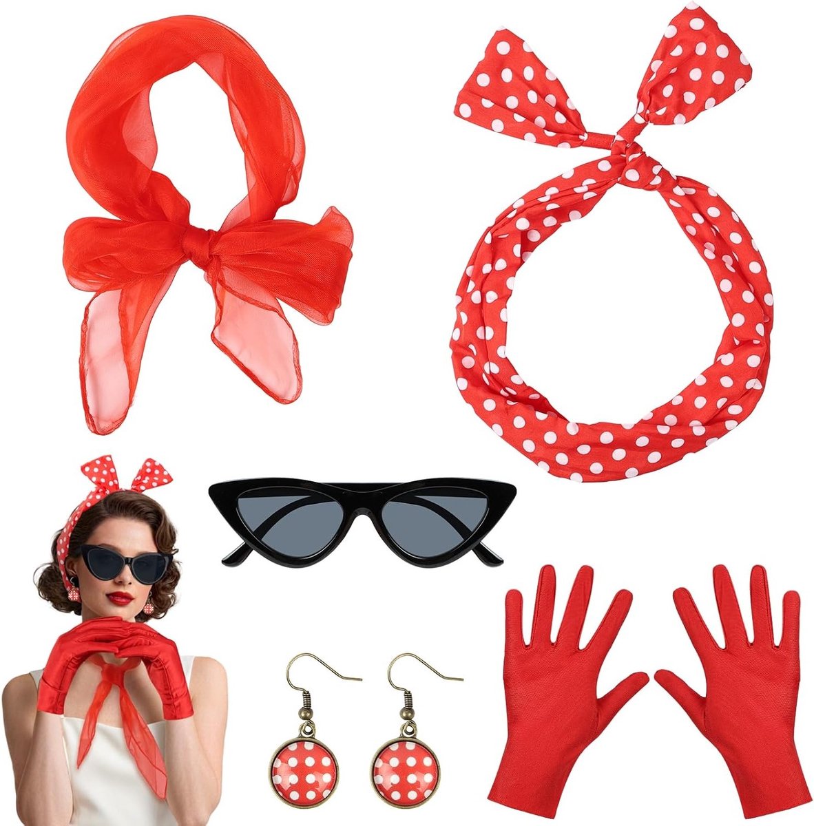 50s Retro Kostuumaccessoires Set met Cat Eye Bril, Dotted Bandana, Hoofdband, Oorbellen en Handschoenen voor Vrouwelijke Fancy Dress Feesten