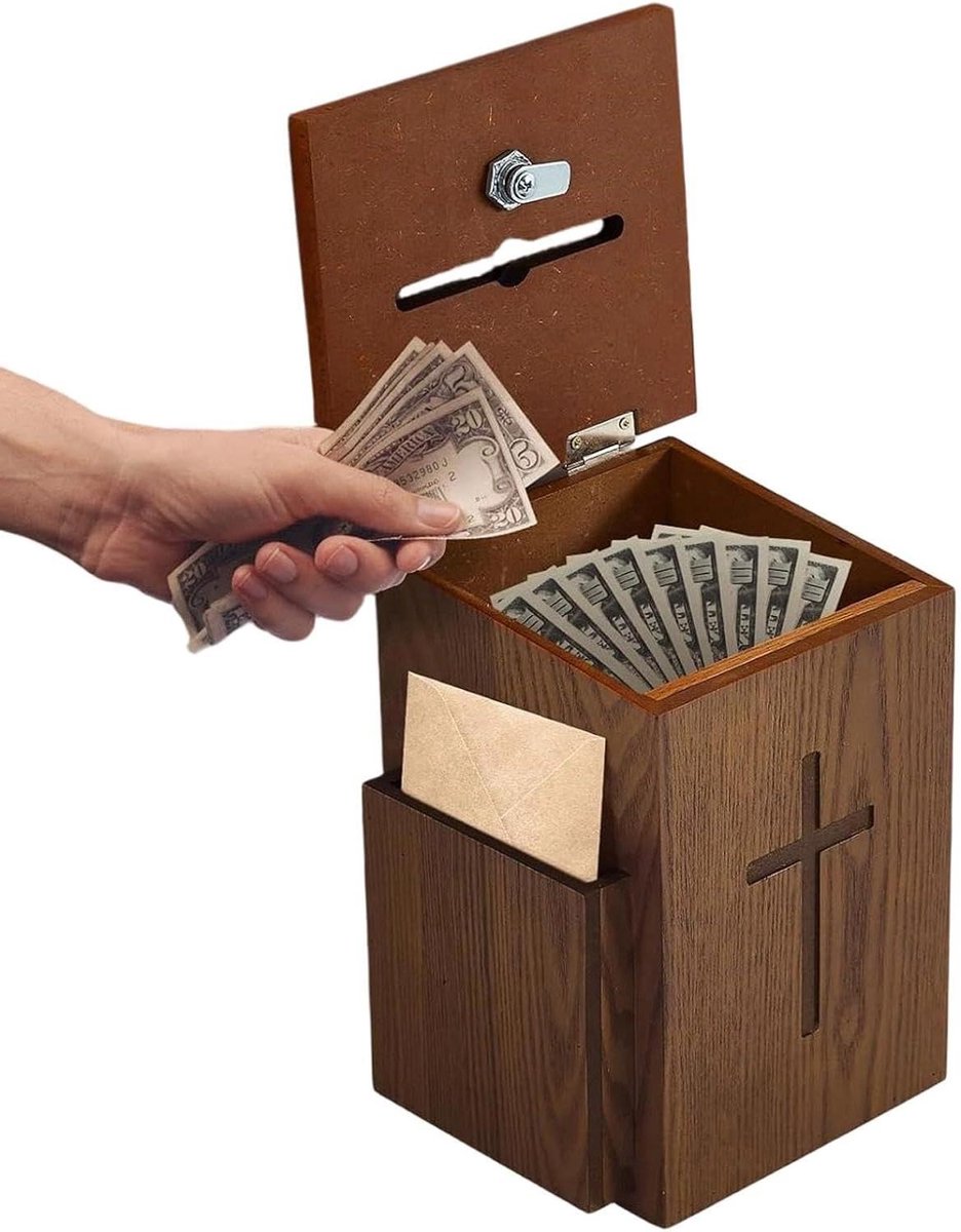 Donatiebox Hout - Kerkkistje Slot - Geld Inzamelen - Wandmontage Mogelijk - 27 x 19 x 19 cm - Niet gespecificeerd
