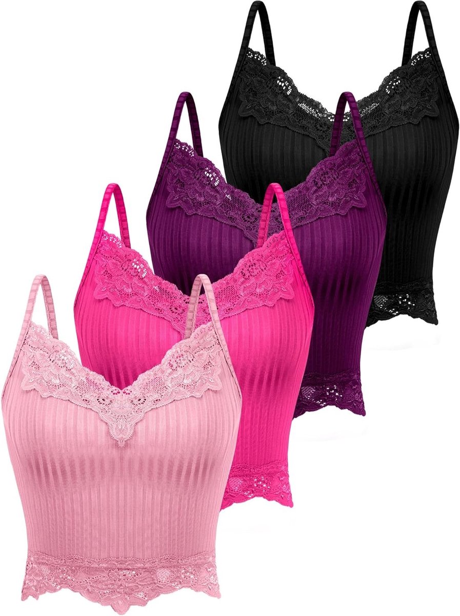 Lace Y2K Tank Tops voor Vrouwen - Fairy Grunge Cropped Tops met Kant en Ribbelstructuur - 4 Stuks Mode voor de Zomer