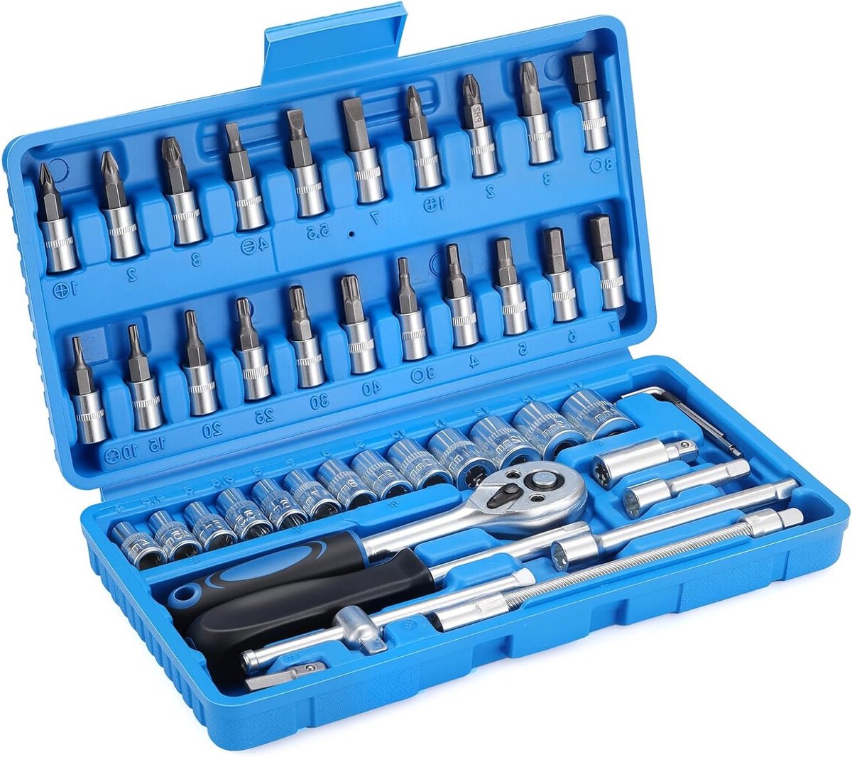 46-delige dopsleutelset met 1/4 inch ratelsleutel en verlengstang voor auto- en huishoudreparaties, inclusief metrische bits en gereedschap